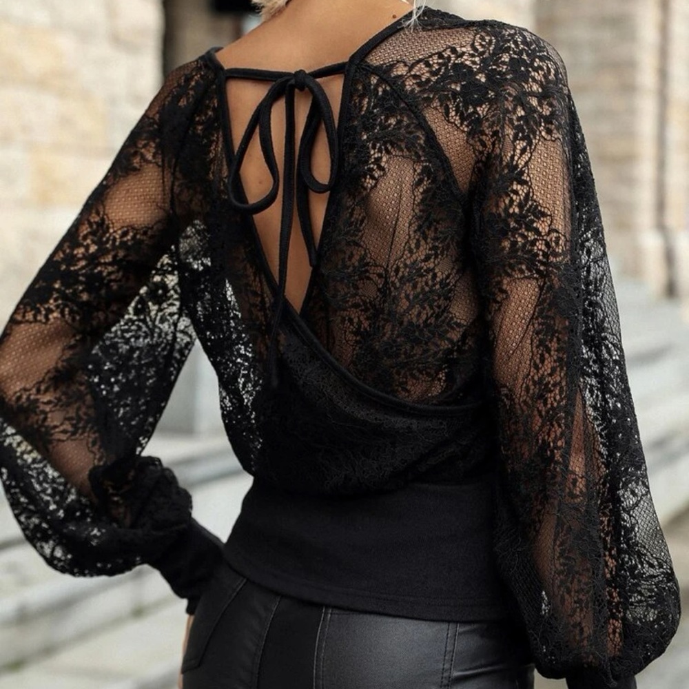 Super Cute Woman Floral Lace Tie Back Tops